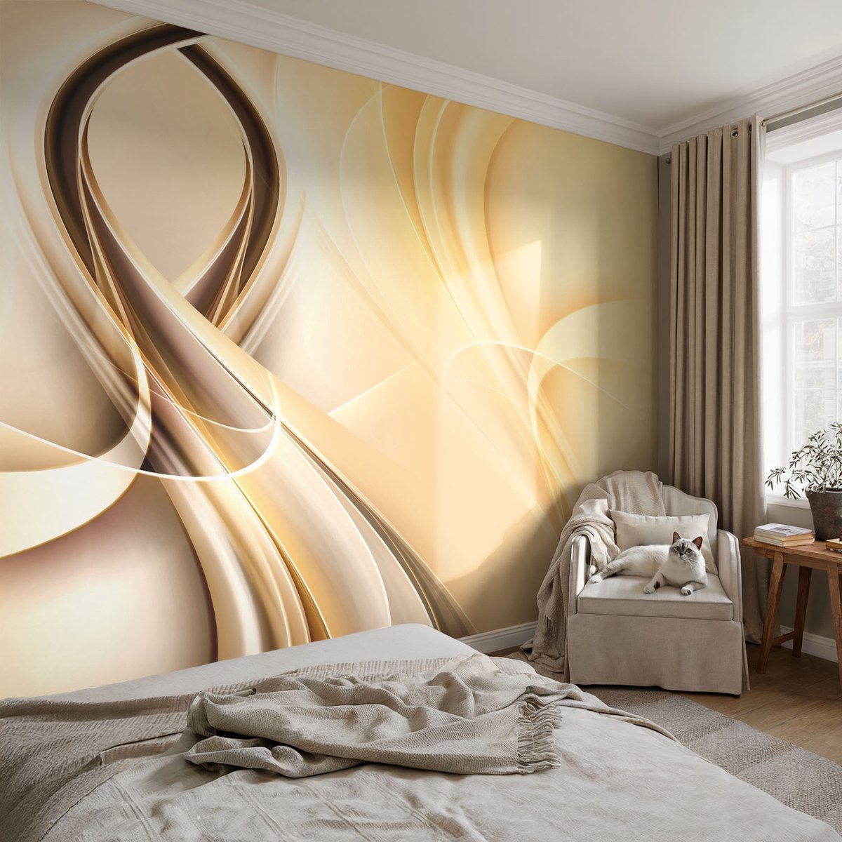 Coloray Vliesbehang - Beige Snellijm Behang - 152x104 cm - Golvende Lijnen Fotobehang Vlies - Woonkamer behang Abstractie - Muurschildering - Woonkamer behang