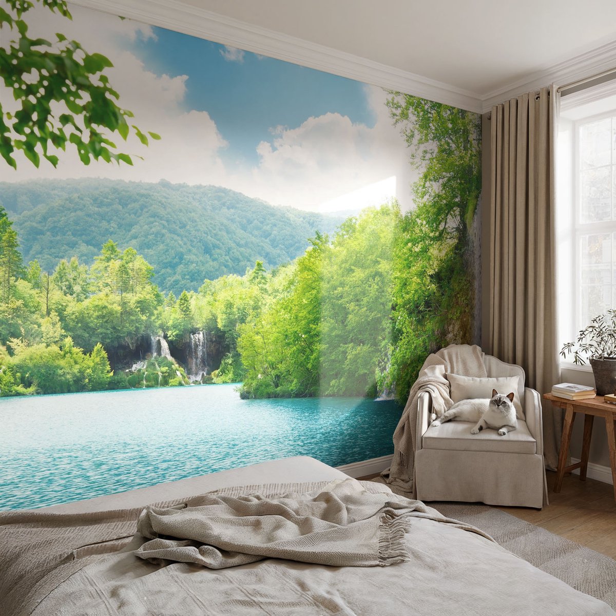 Coloray Vliesbehang - Groente Snellijm Behang - 152x104 cm - Natuurlijke Waterval Muurschildering - Gang behang Landschappen - Fotobehang Vlies - Slaapkamer behang