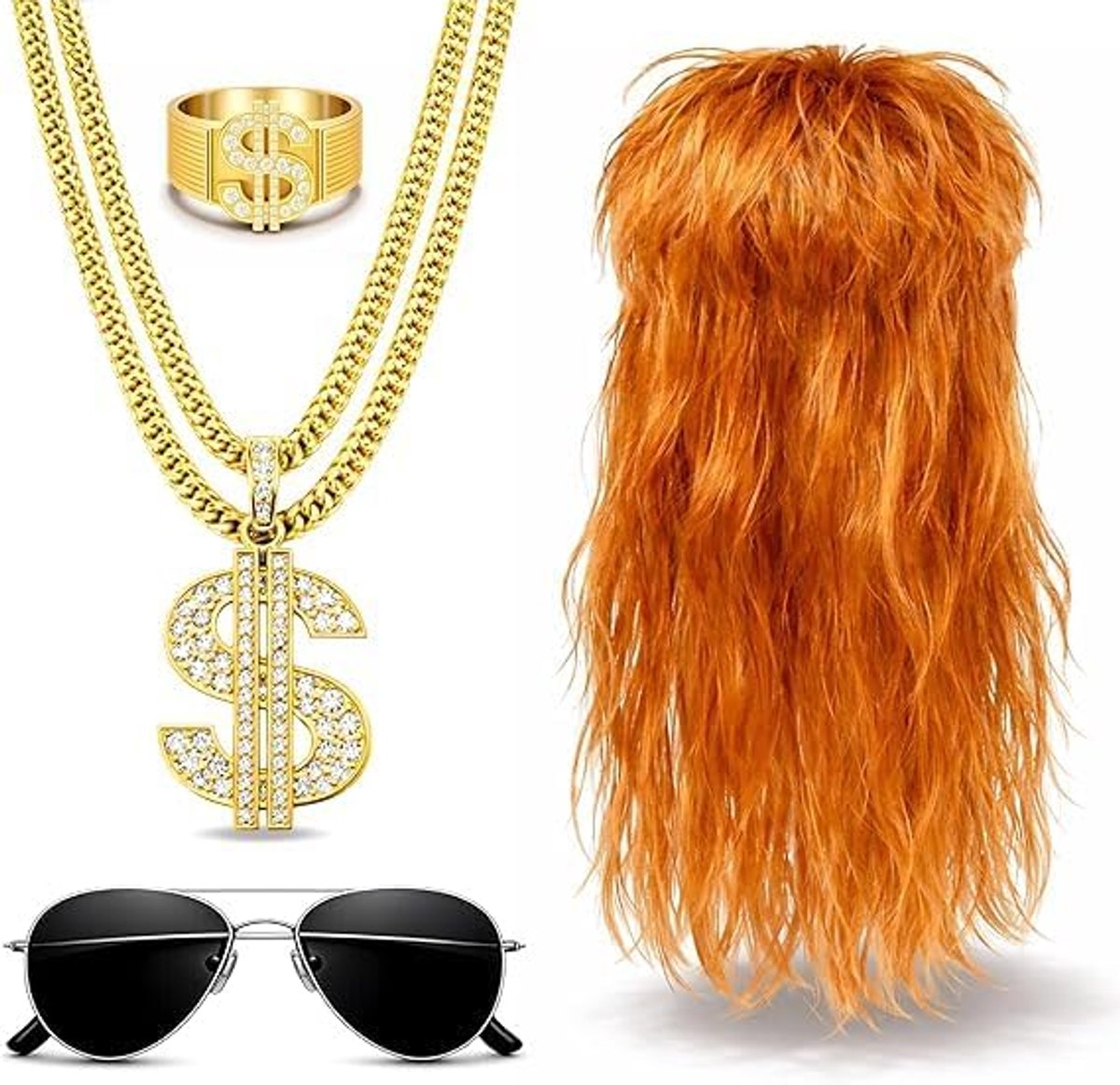 4 in 1 mul jaren '80 jaren '90 kostuumset - gouden ketting, bril met Assi pruik & dollarring voor verkleedkleding & carnaval - heren en dames