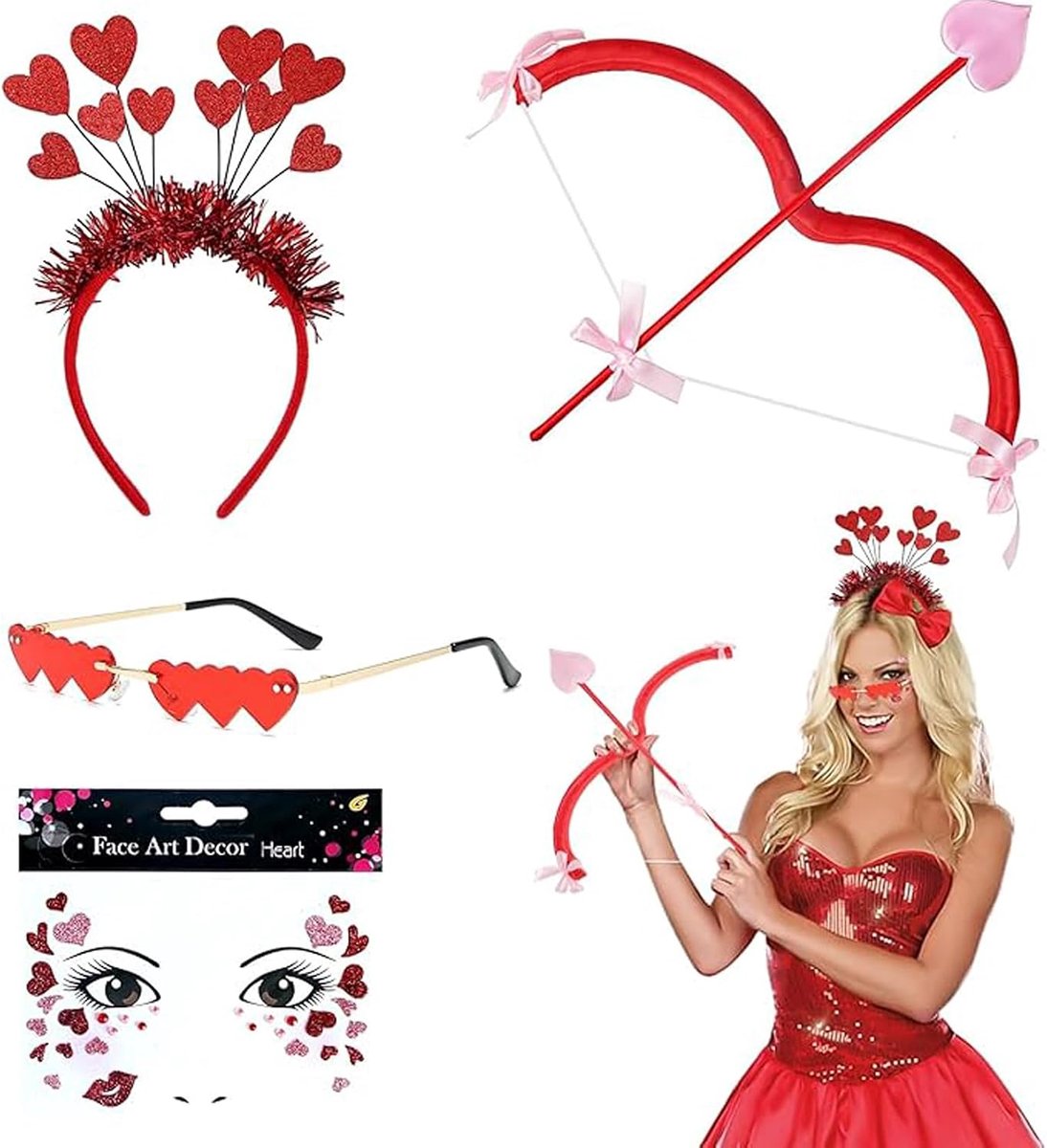 Kostuumaccessoires met glitterhoofdband, hartbril, Cupido-boog en -pijl, hartvormige gezichtstatoeages voor carnaval, Valentijnsdag, bruiloft, feest, cosplay