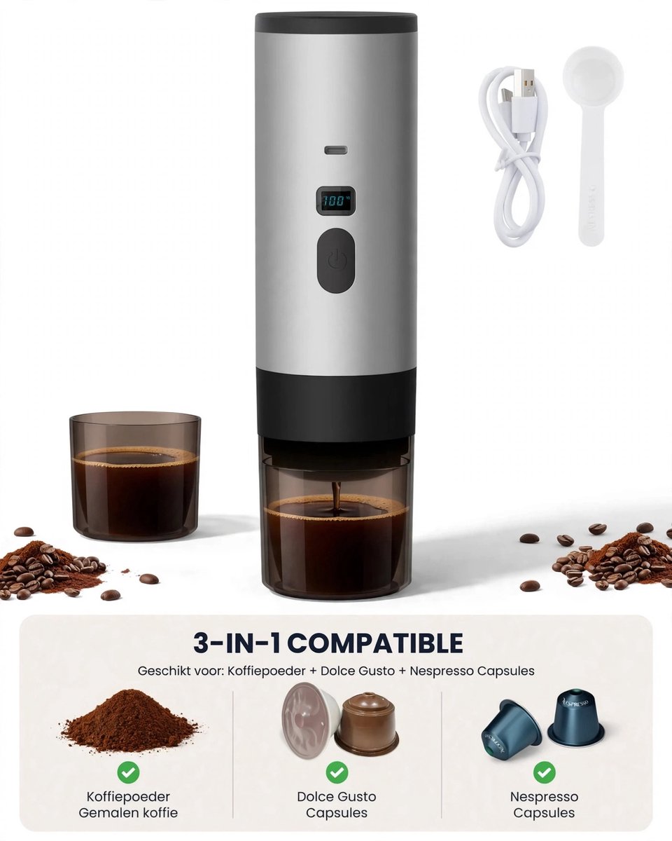 Draagbare 3-in-1 Espressomachine – 15 Bar – USB-C – Voor Gemalen Koffie & Capsules – Reis Espresso Maker
