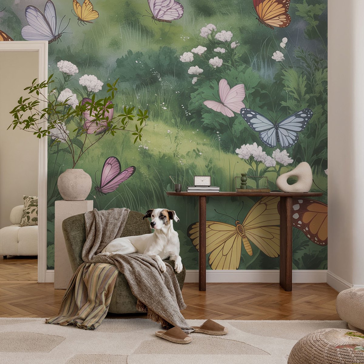 Coloray Vliesbehang - Groente Snellijm Behang - 104x70 cm - Vlinders In De Weide Fotobehang Vlies - Hal behang Bloemen En Planten - Muurschildering - Hal behang