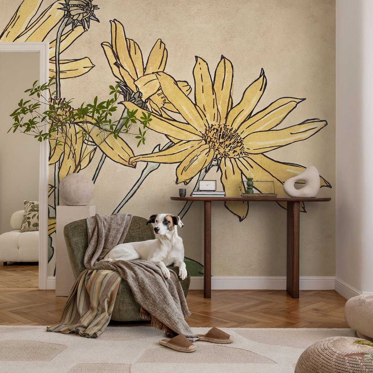 Coloray Vliesbehang - Wit Snellijm Behang - 104x70 cm - Aquarel Bloemen Muurschildering - Gang behang Bloemen En Planten - Fotobehang Vlies - Gang behang