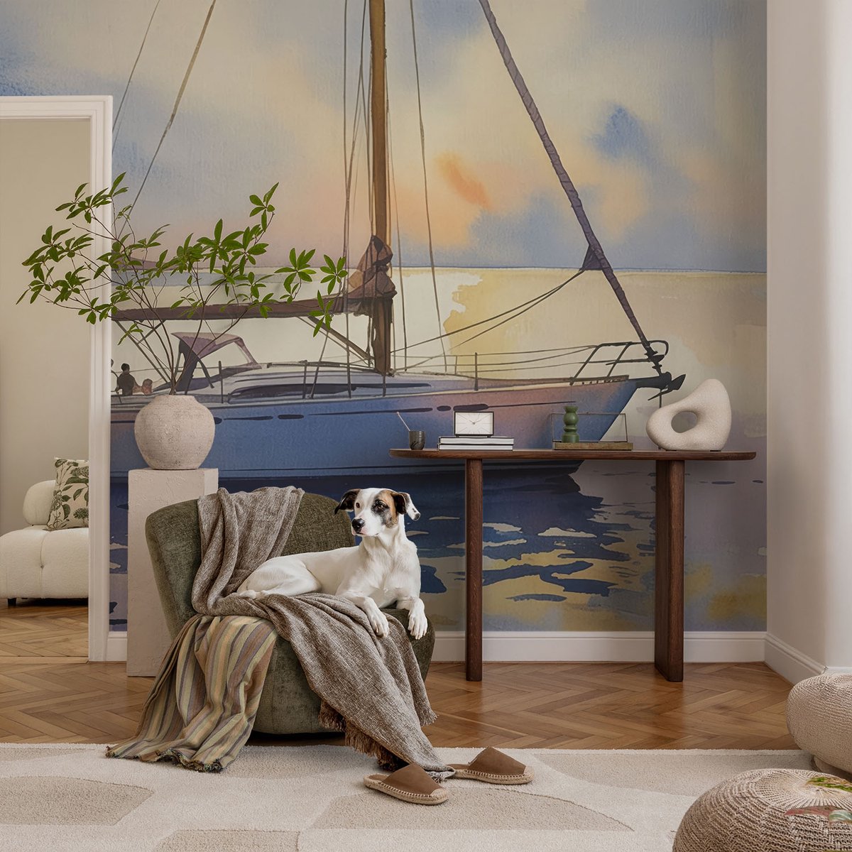 Coloray Vliesbehang - Blauw Snellijm Behang - 104x70 cm - Zeilboot West Fotobehang Vlies - Woonkamer behang Landschappen - Muurschildering - Woonkamer behang