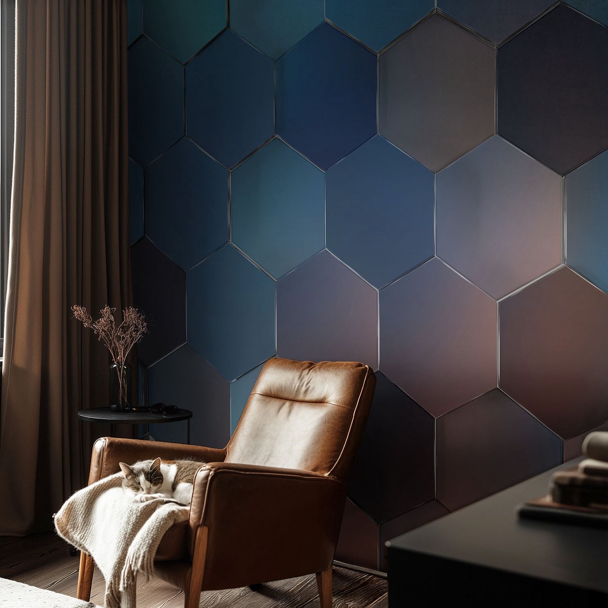 Coloray Vliesbehang - Blauw Snellijm Behang - 104x70 cm - Blauwe Zeshoeken Fotobehang Vlies - Hal behang Abstractie - Muurschildering - Woonkamer behang