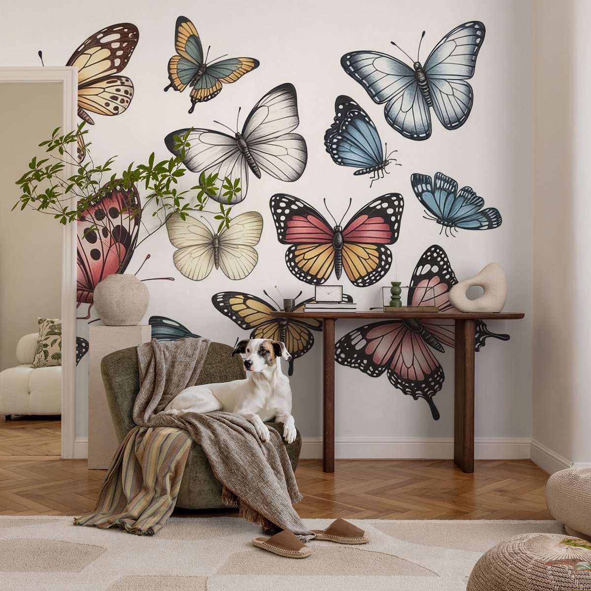 Coloray Vliesbehang - Wit Snellijm Behang - 104x70 cm - Paradijsvlinders Fotobehang Vlies - Hal behang Dieren - Muurschildering - Hal behang