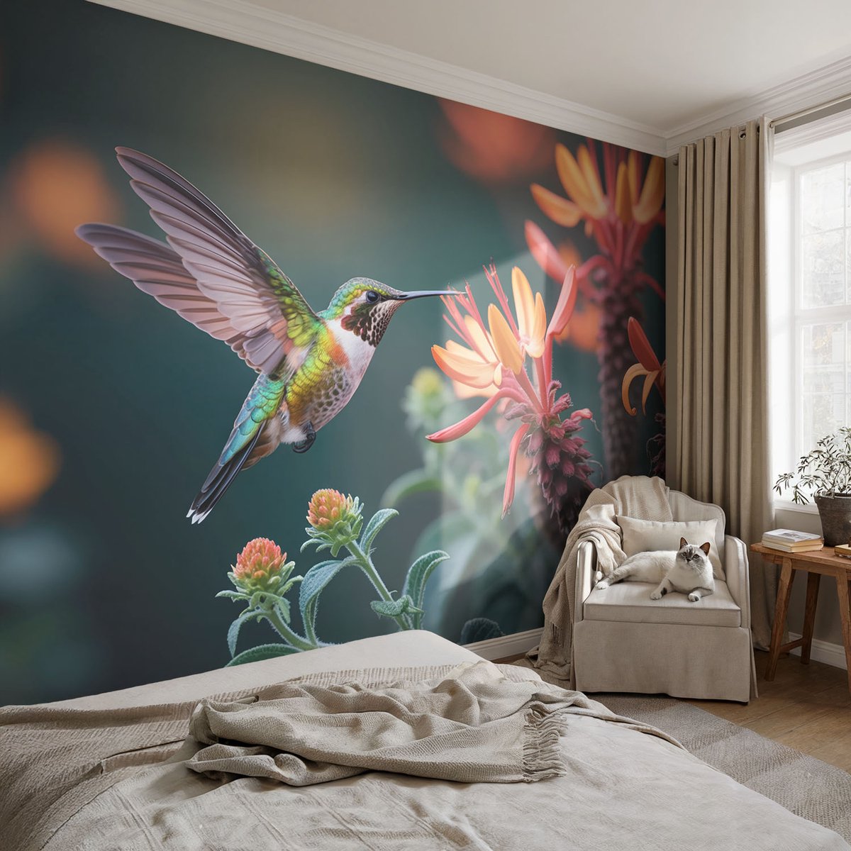 Coloray Vliesbehang - Groente Snellijm Behang - 104x70 cm - Kolibriebloemen Muurschildering - Slaapkamer behang Dieren - Fotobehang Vlies - Gang behang
