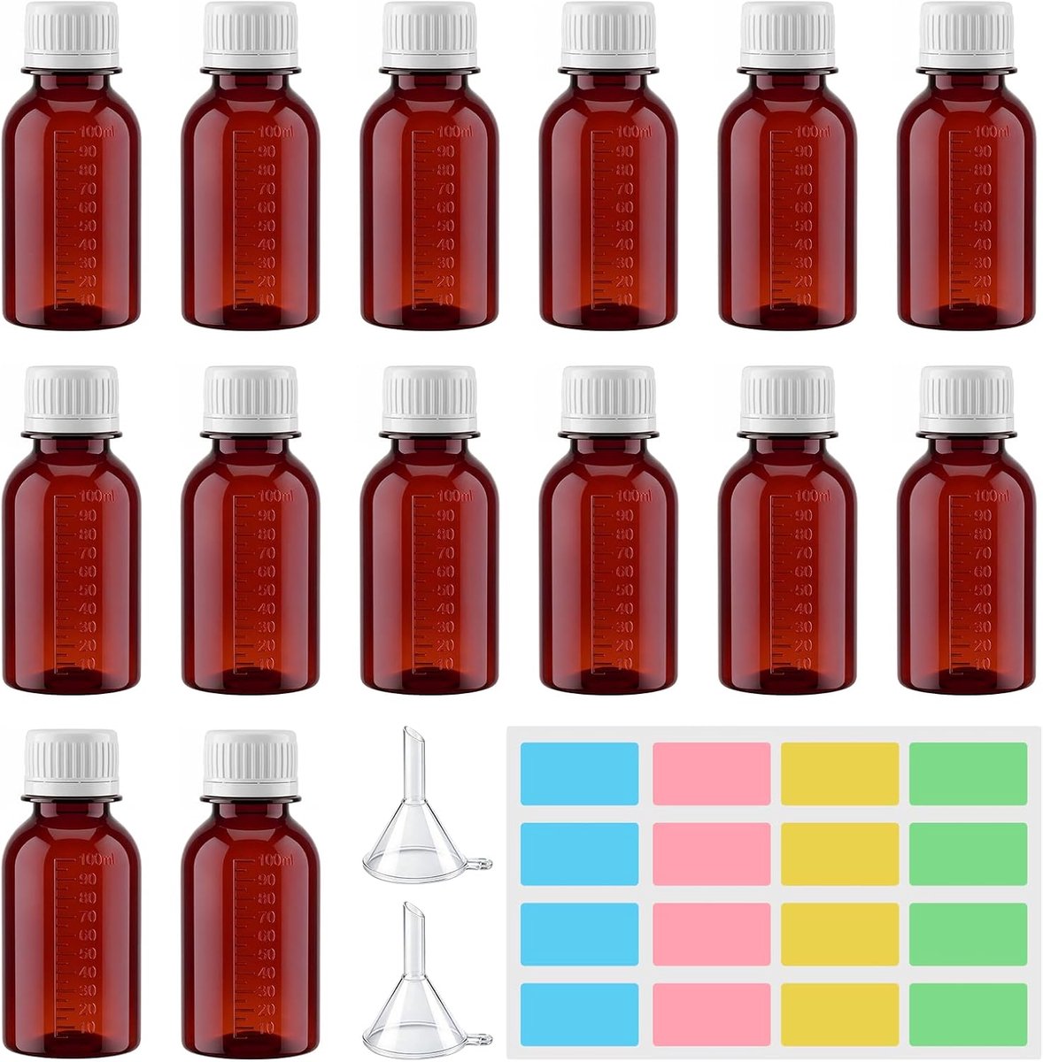 14 stuks 100 ml laboratoriumflessen van PET met witte schroefdop, kunststof fles bruin met schaal, trechtersticker voor cosmetica