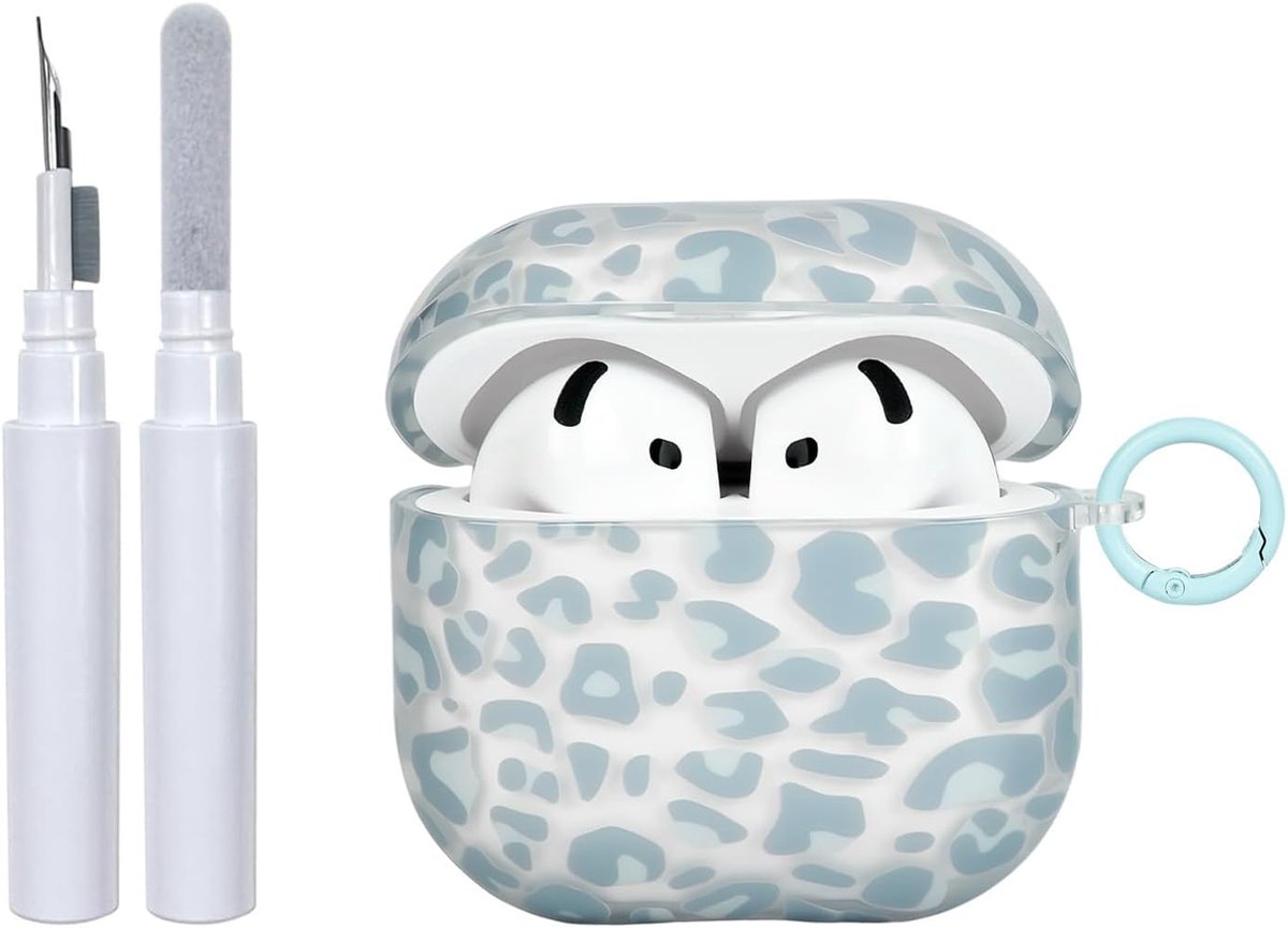 Compatibel met AirPods beschermhoes 4 generatie met reinigingsset, schattig, grijs/blauw, luipaardprint, esthetisch design, schokbestendig, deur, sleutels, zachte beschermhoes, transparant