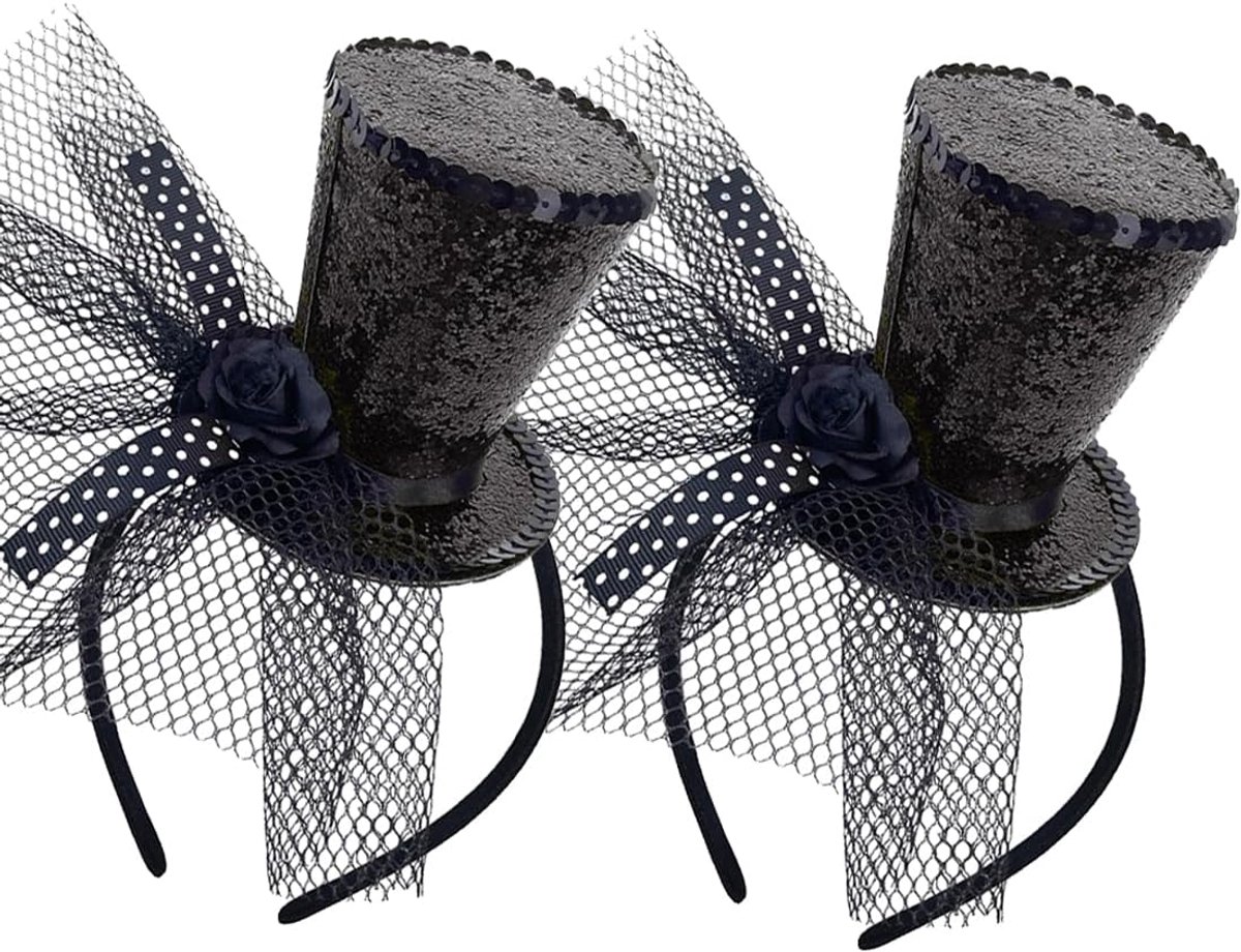 Zwarte haarband, set van 2, mini-partyhoed voor dames, voor eindexamenbal, carnaval, verjaardag, themafeest