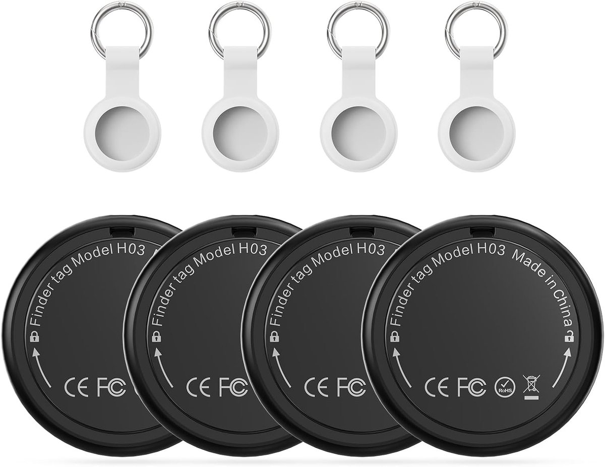 Tag - 4 stuks Smart Tag compatibel met Apple Wo is (alleen iOS) met beschermhoes IP68, waterdicht, sleutelvinder, bluetooth-tracker voor fiets, koffer, tas, portemonnee, honden, zwart