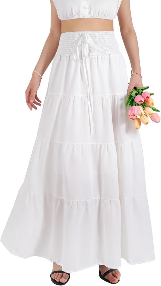Rok Dames met Elastische Hoge Taille Lang Zomerrok met Ruches en A-lijn 2 in 1 Bohemian Effen Rokken