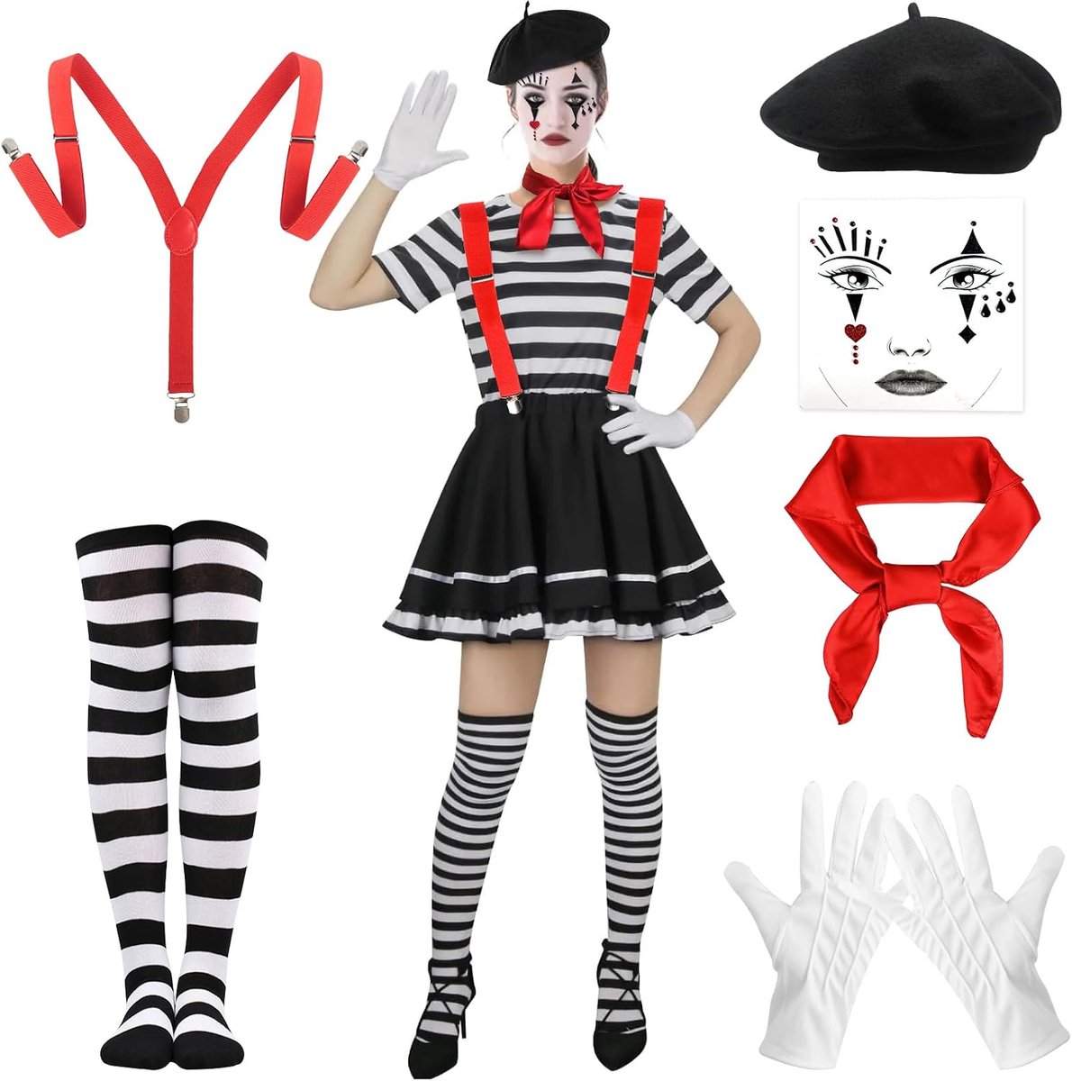 clownskostuum voor dames, zwart en wit, 6 stuks, halloweenkostuum, met baret, sjaal, handschoenen, tattoo-sokken, bretels, voor Halloween, carnaval, jongeren, volwassenen, show