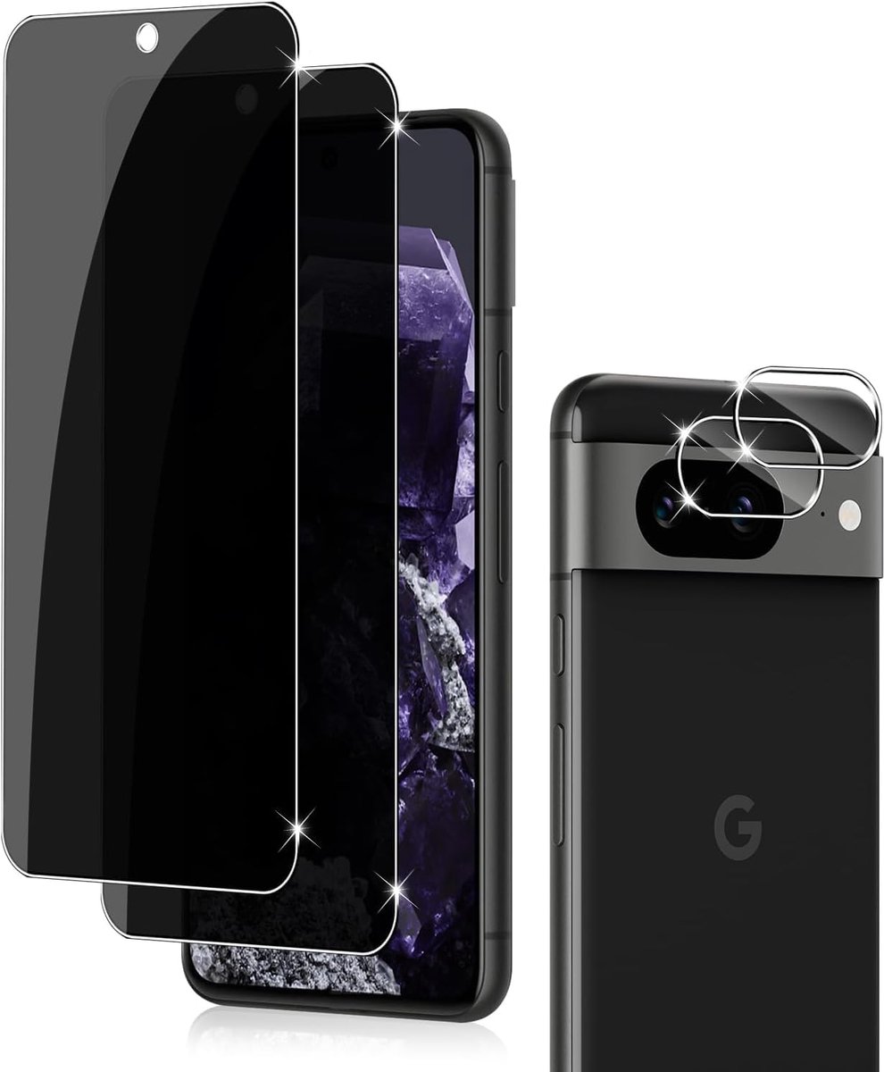 Bescherming tegen inkijk voor Google Pixel 8, beschermfolie voor pantserglas en camerabeschermfolie, 2 + 2 stuks, anti-spy privacy, privacybeschermfolie, bescherming voor privacy, beschermglas