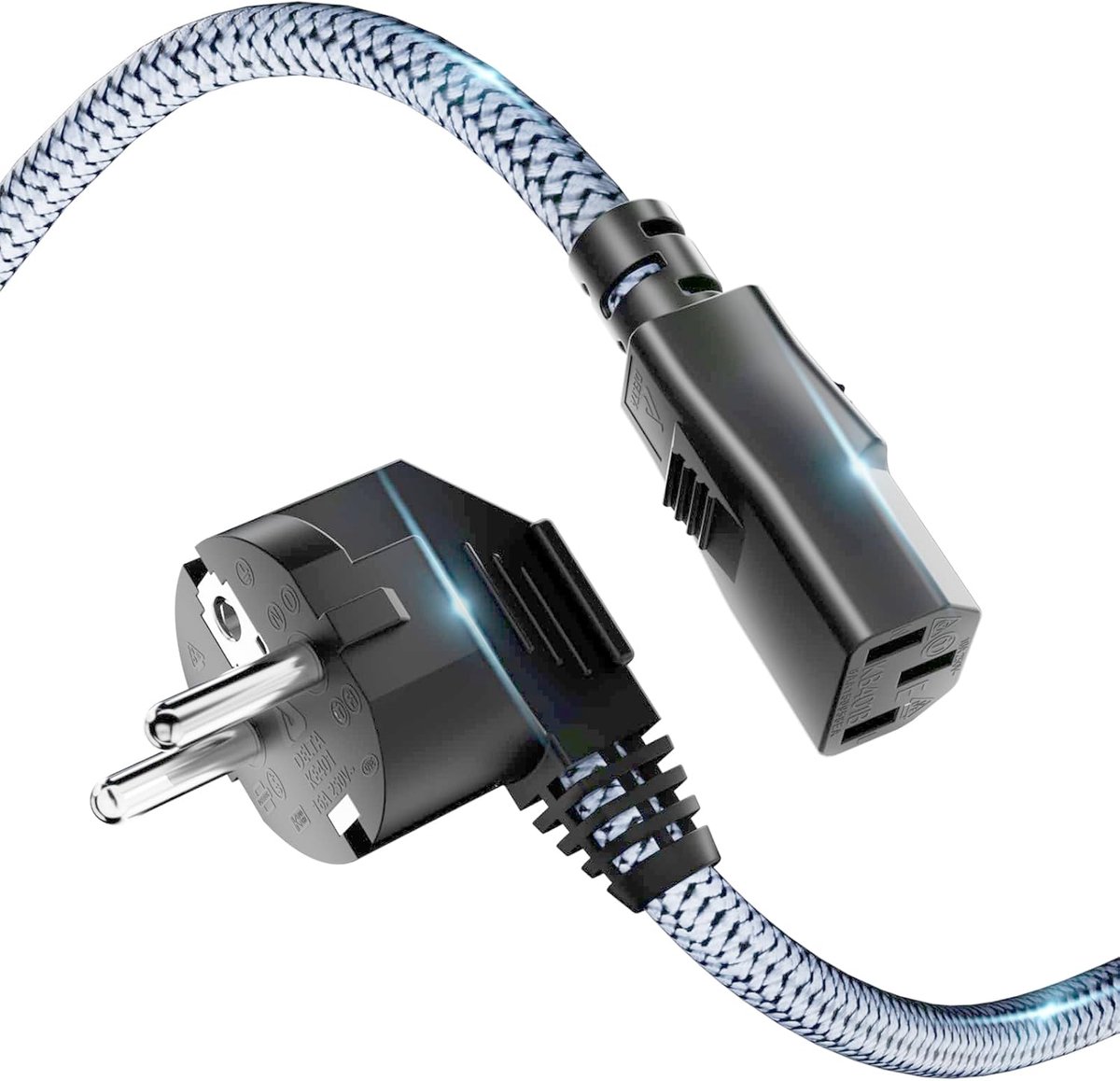 3-polig, RIKSOIN koelapparatenkabel 0,5m nylon-vlecht universele stroomkabel (CEE 7/7 naar IEC60320 C13) met VDE voor monitoren, pc, printer, PS3/PS4 PRO, scanner, tv, scherm, beamer etc