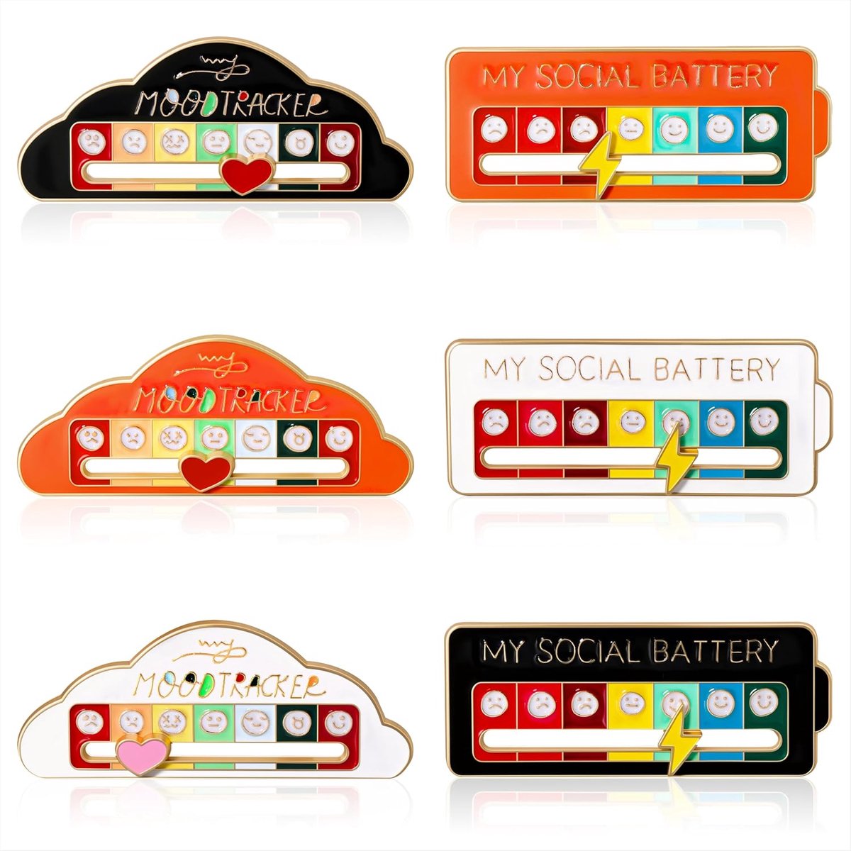 Battery Pin 6 stuks My Social Battery broche grappige emaille badge stemmingsbadge voor 7 dagen (zwart/wit/oranje)