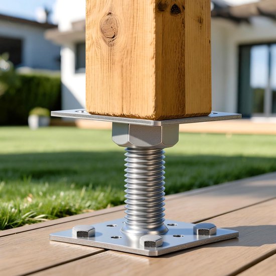 4 x in hoogte verstelbare paaldragers, 80 x 80 x 250 mm, zilver, thermisch verzinkte steunpoot, bodemplaat om vast te schroeven, voor carport, pergola, omheining — afbeelding 5