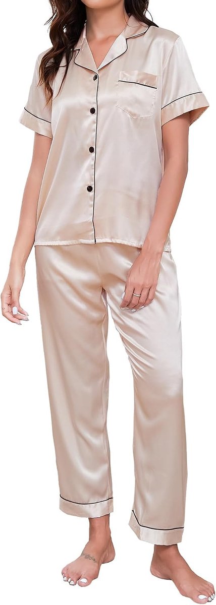 Damespyjama van zijde, tweedelige satijnen pyjama met korte mouwen en knopen en broek, comfortabele en lichte nachtkleding voor thuis