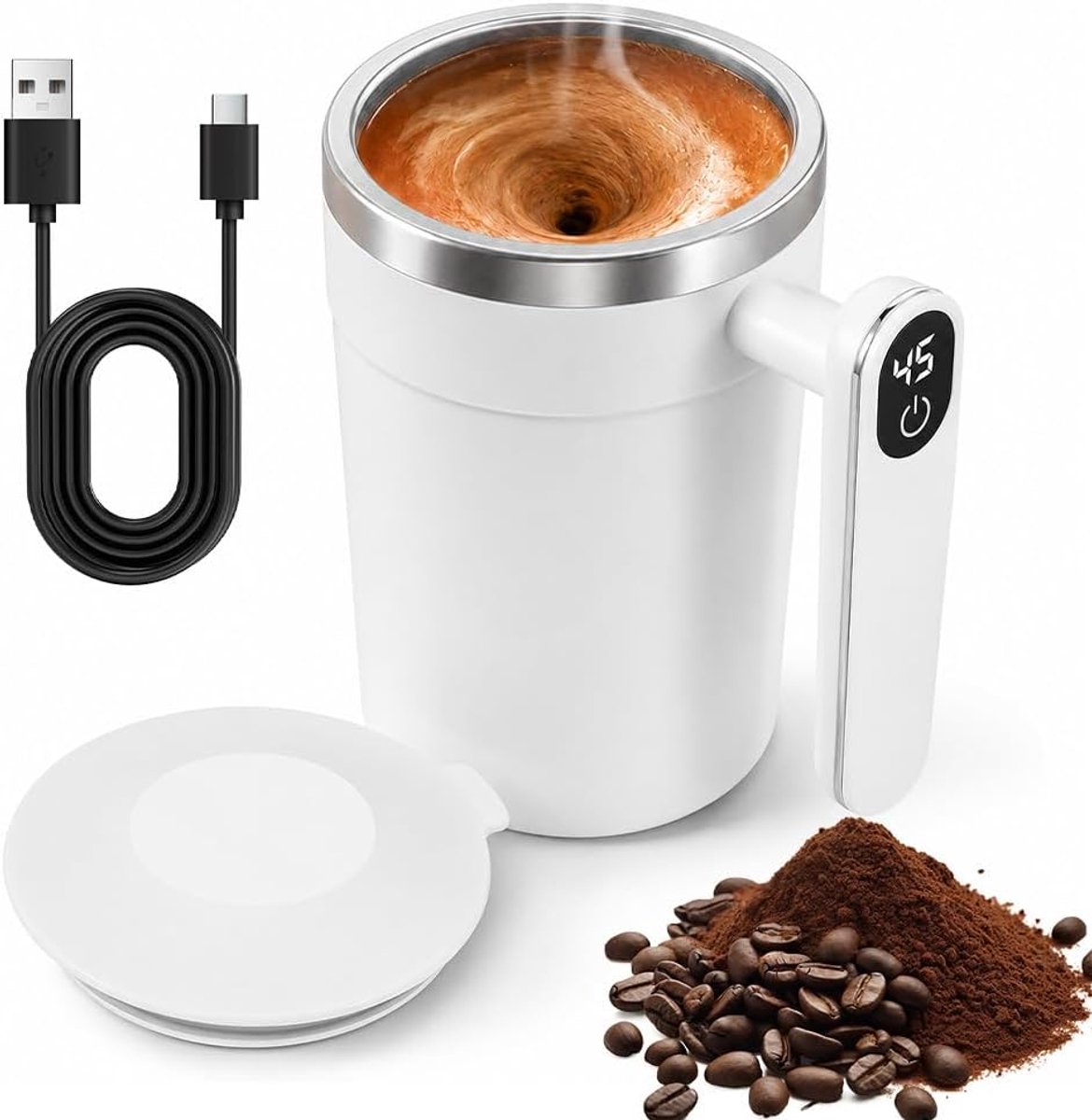 Mok, 400 ml, automatische roerbeker, oplaadbare intelligente koffiemok, magnetische zelfroerende beker met temperatuurweergave voor koffie, melk, cacao, 7000 rpm