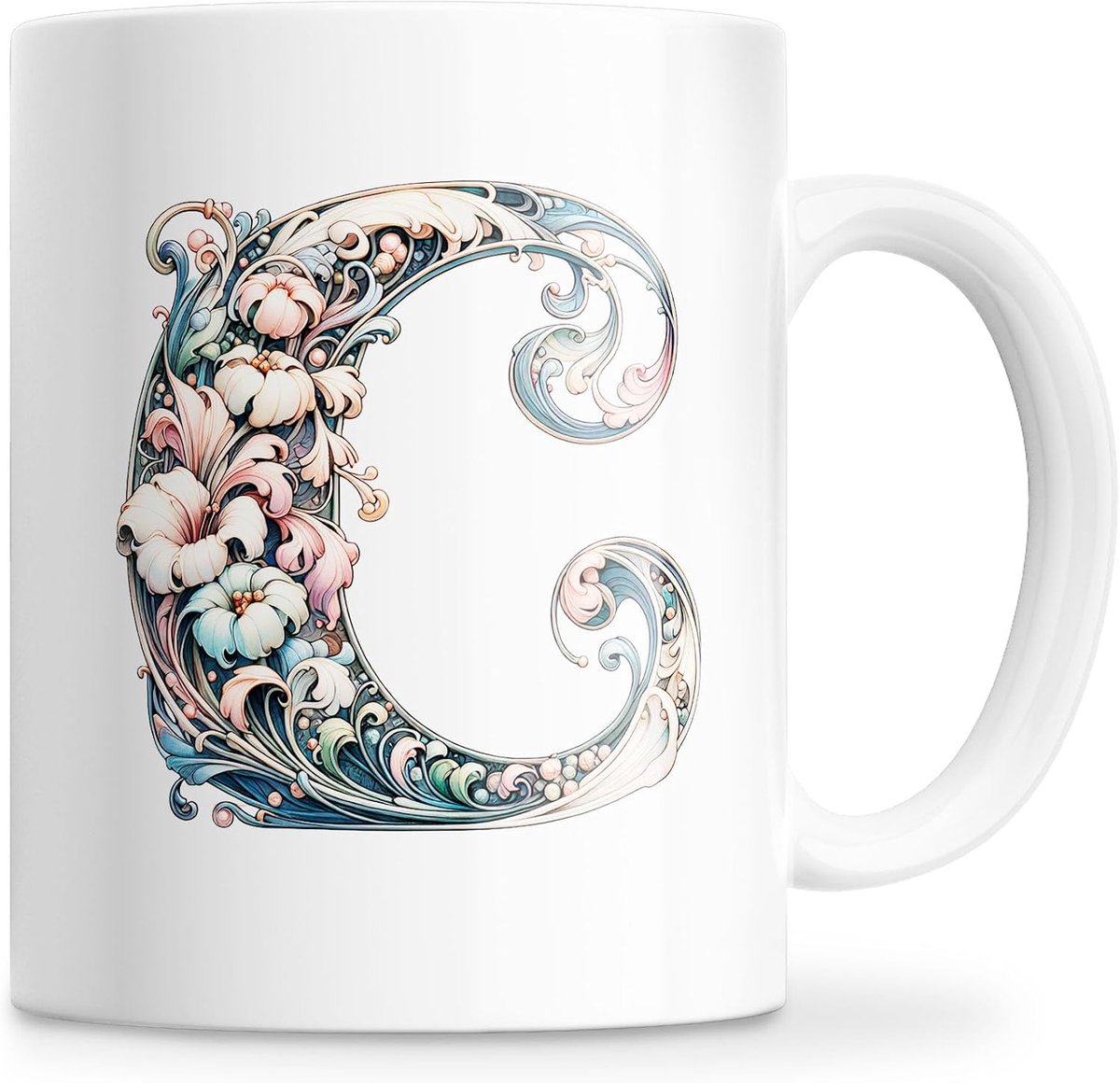 Mok met initialen van de naam, keramische mok 350 ml met bloemenmotief, origineel cadeau voor vrouwen, mama, vrienden, vaatwasmachinebestendig en magnetronbestendig (C)