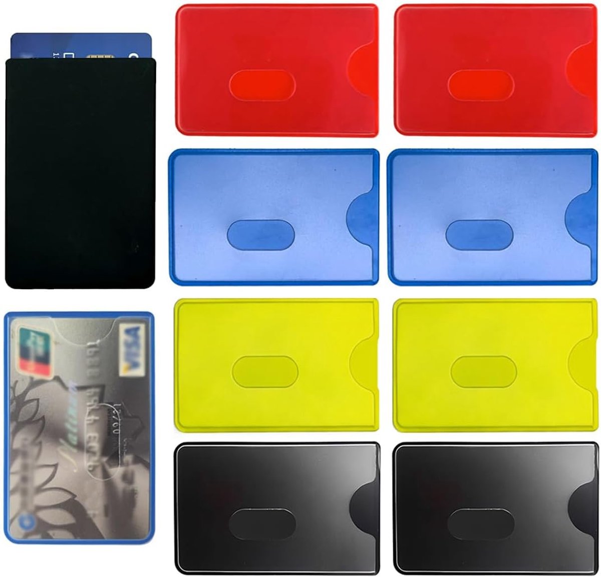 8 stuks creditcardbeschermhoezen, RFID-NFC-blocker, meerkleurig, gecertificeerd, hoogwaardig hard plastic, transparant, bescherming voor creditcards en contactloze kaarten, duurzaam, stabiel
