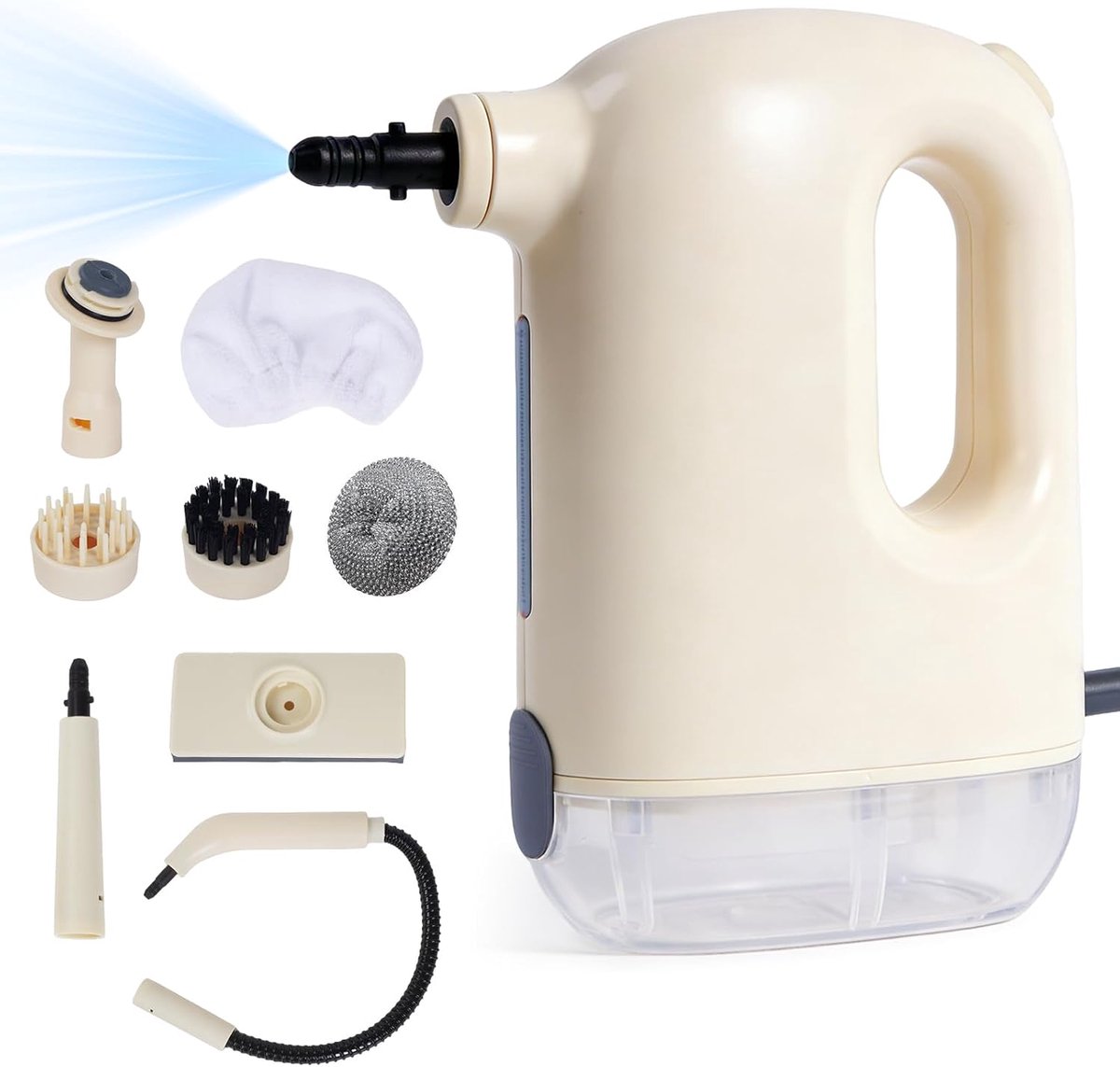 Stoomreiniger, handapparaat, 1200 W, 300 ml waterreservoir, 3 bar, stoomdruk, met 5 soorten borstelkoppen voor meubels, tapijten, badkamer