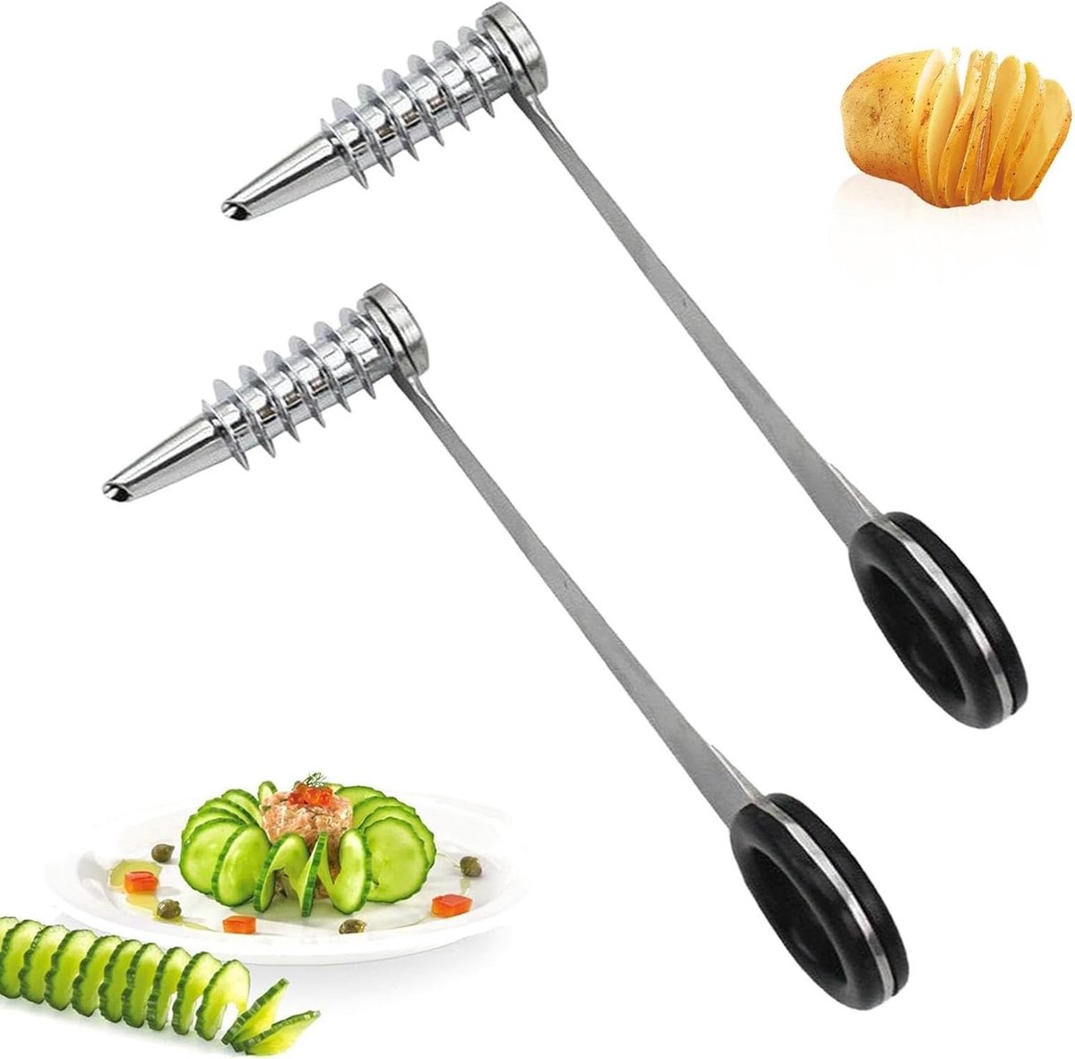 2 stuks spiraalsnijder, aardappelspiraal, draagbare groentesnijder, aardappeltwister spiraalsnijder, radijs-spiraalsnijder, roestvrij stalen handsnijder voor fruit, voor courgette-noedels en
