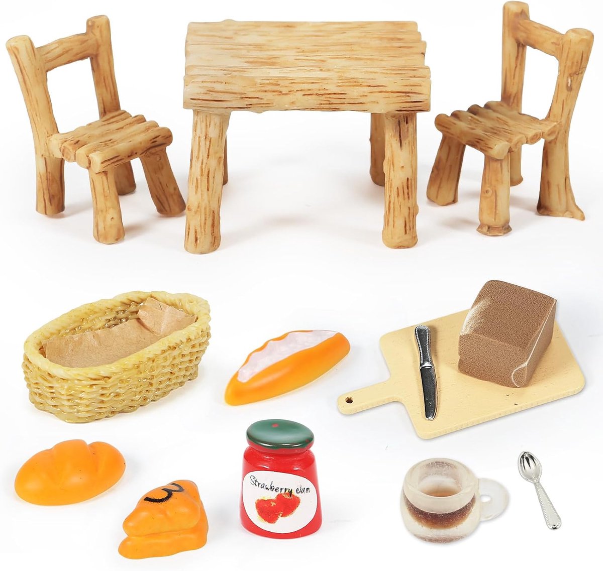 Voedsel Poppenhuis Accessoires Kerstmis, Miniatuur kabouter Accessoires Eten, Miniatuur Brood, Taart, Tomatensaus, Koffie, Broodmand, Kabouter Tafel en Stoelen, 1:12 Miniatuur Keuken