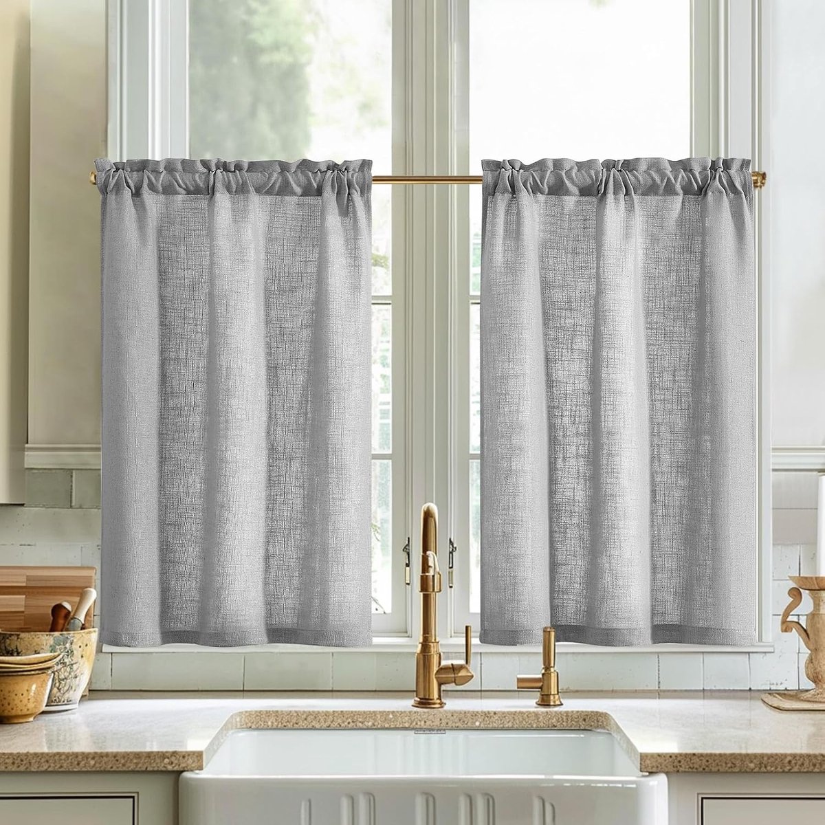 Effen, vitrage, modern, keuken, linnenlook, gordijnen, kort, bistrogordijn, set van 2, 65 x 90 cm (b x h), lichtdoorlatend, keukengordijnen met stangdoorgang, landhuis, caravan, woonkamer