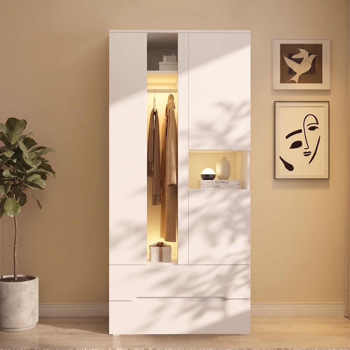 Welltin Kledingkast - Kledingkast Wit - Kledingkasten Slaapkamer - 4-deurs met 5 lades - 2 kledingroedes - MDF - 200x90x50 cm - Scandinavische