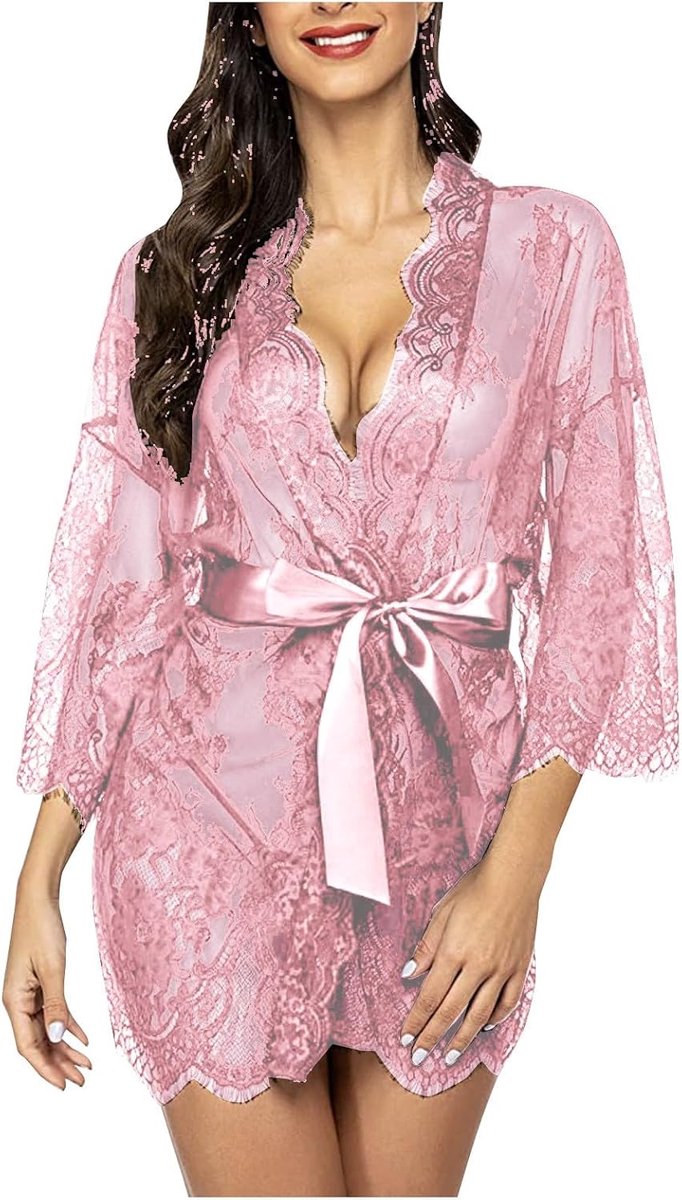 Dames lange mouwen kanten riem sexy lingerie pyjama nachtkleding