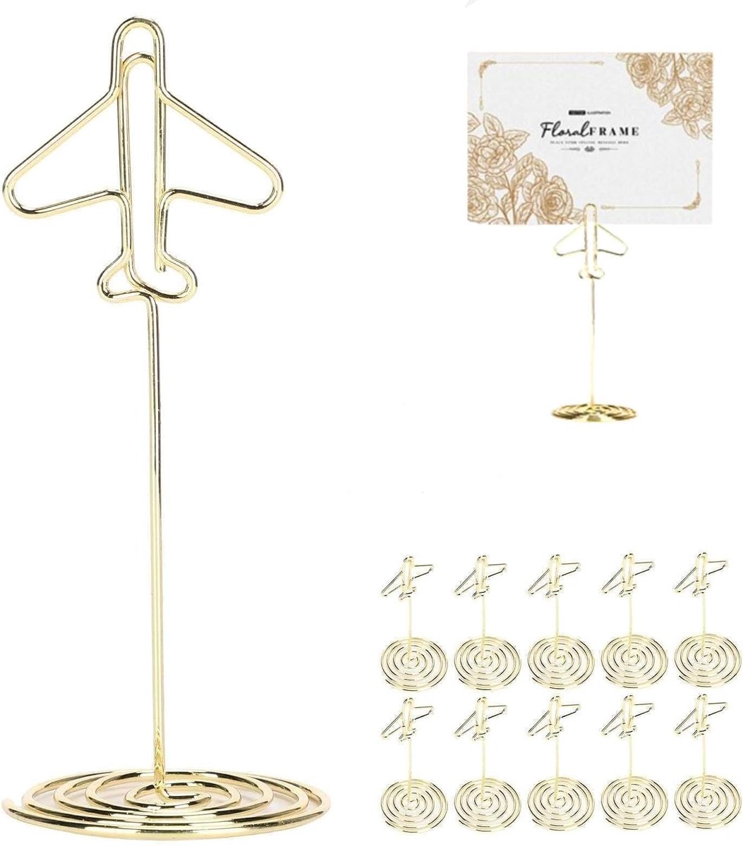 10Pcs Tafelnummers Houder, Gouden Plaats Kaarten Houder Bericht Clip Desktop Metalen Visitekaartfoto Gouden Vliegtuighouder met Basis Fotokaarten Houder Beeldhouder Stand Foto Houder