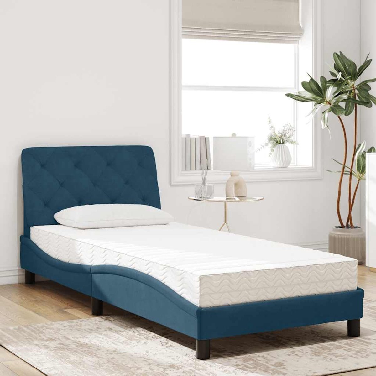 Schuimmatras Bed Hoofdbord Multiplexlattenbodem Blauw 90x190 cm