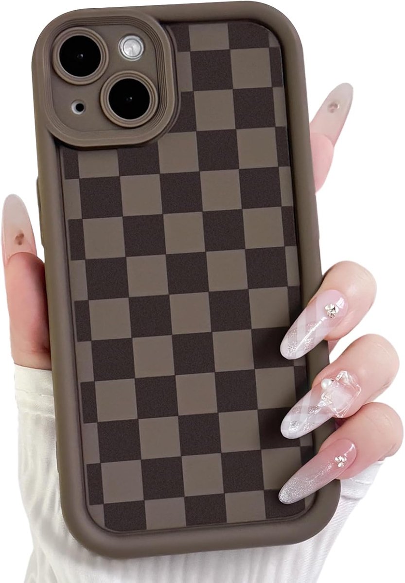 Lovmooful voor iPhone 14 Hoesje Schattig Ruitjes-Bruin