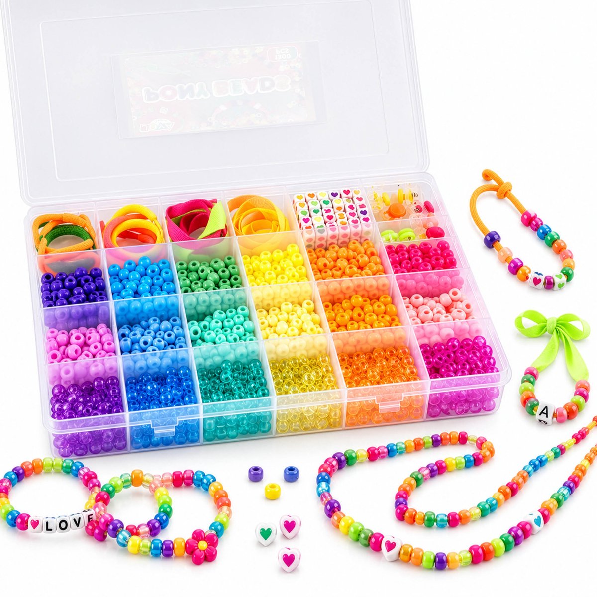 Joya Creative Pony Beads 1300pcs - Kralen Set voor Armbanden & Sieraden Maken - 18 Kleuren - Hartjes Kralen - Inclusief Armbandjes, druksluitingen en Opbergdoos - Vanaf 3 Jaar