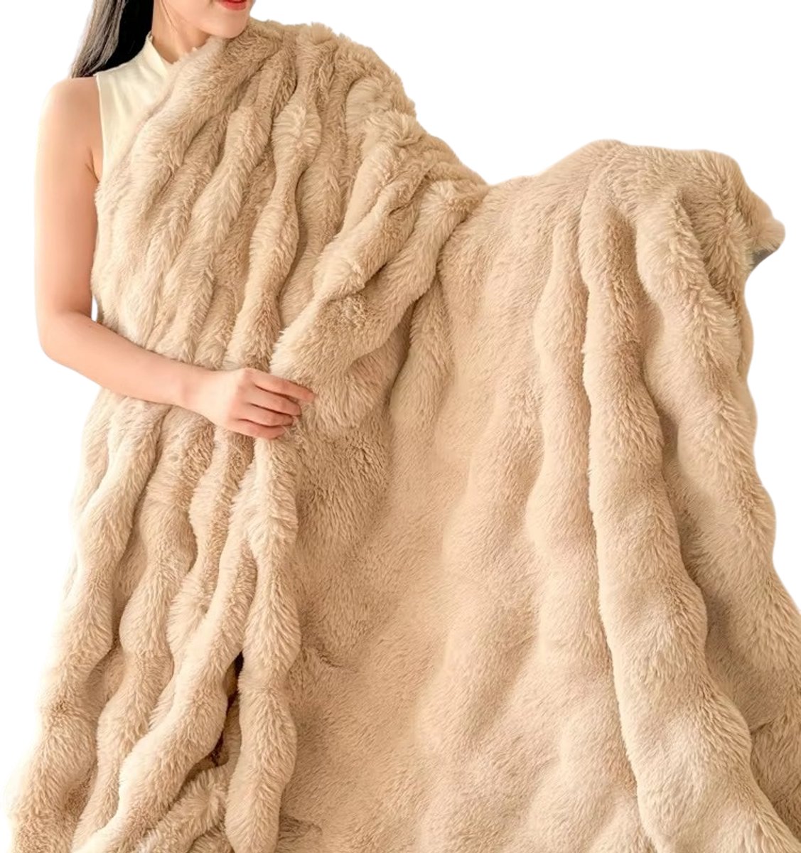 rimmo Pluche Zachte Winterdeken – Maat 150x200cm – Beige – Donzige Kunstmatige Bontdeken, Dikke Warme Deken voor Koude Nachten, Comfortabele Fluffy Bank- en Beddeken voor Slaapkamer, Woonkamer, TV & Ontspanning