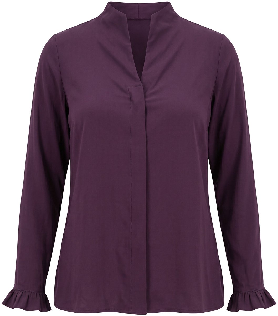 Ulla Popken - Dames - Blouse gobletkraag lange mouwen manchetten met ruches - Donkerpruim - Maat 50+