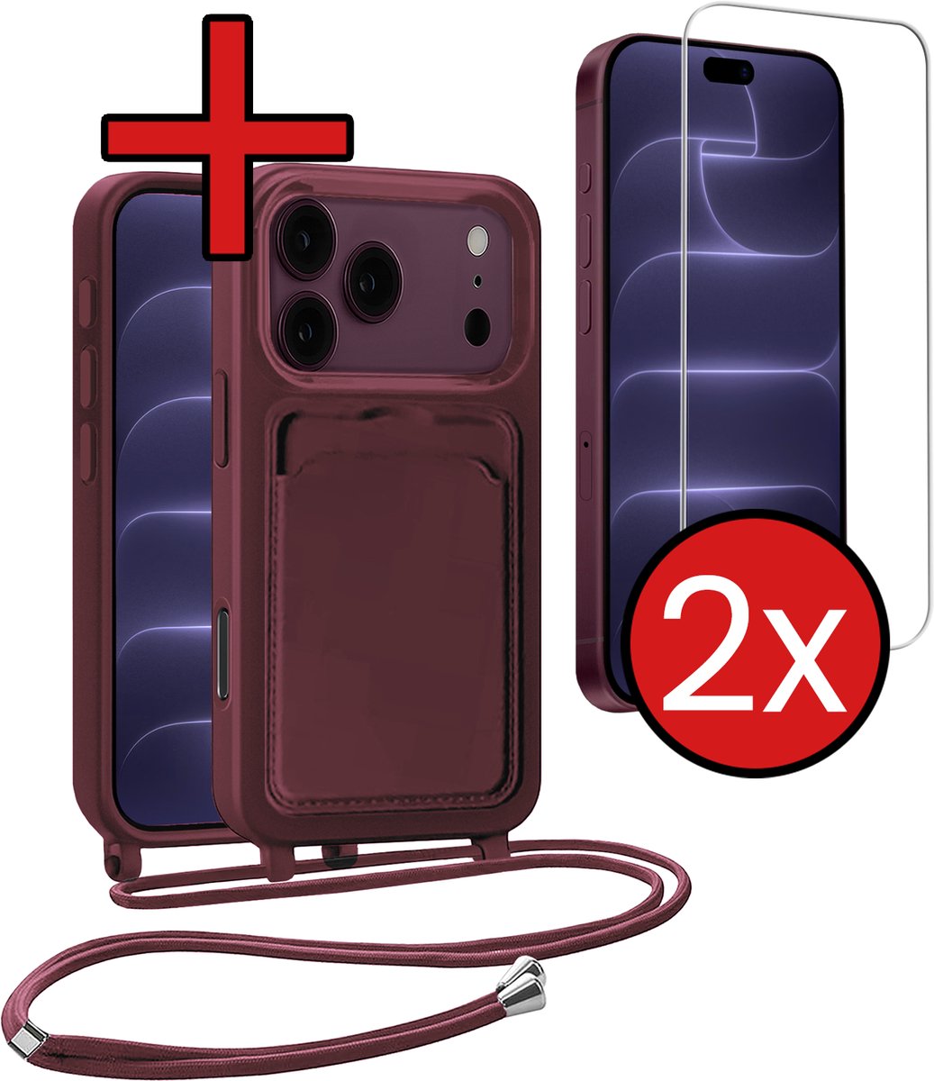 Hoesje Geschikt voor iPhone 18 Pro Hoesje Siliconen Case Met Koord Met 2x Screenprotector - Hoes Geschikt voor iPhone 18 Pro Hoesje Backcover Met Telefoonkoord - Aubergine