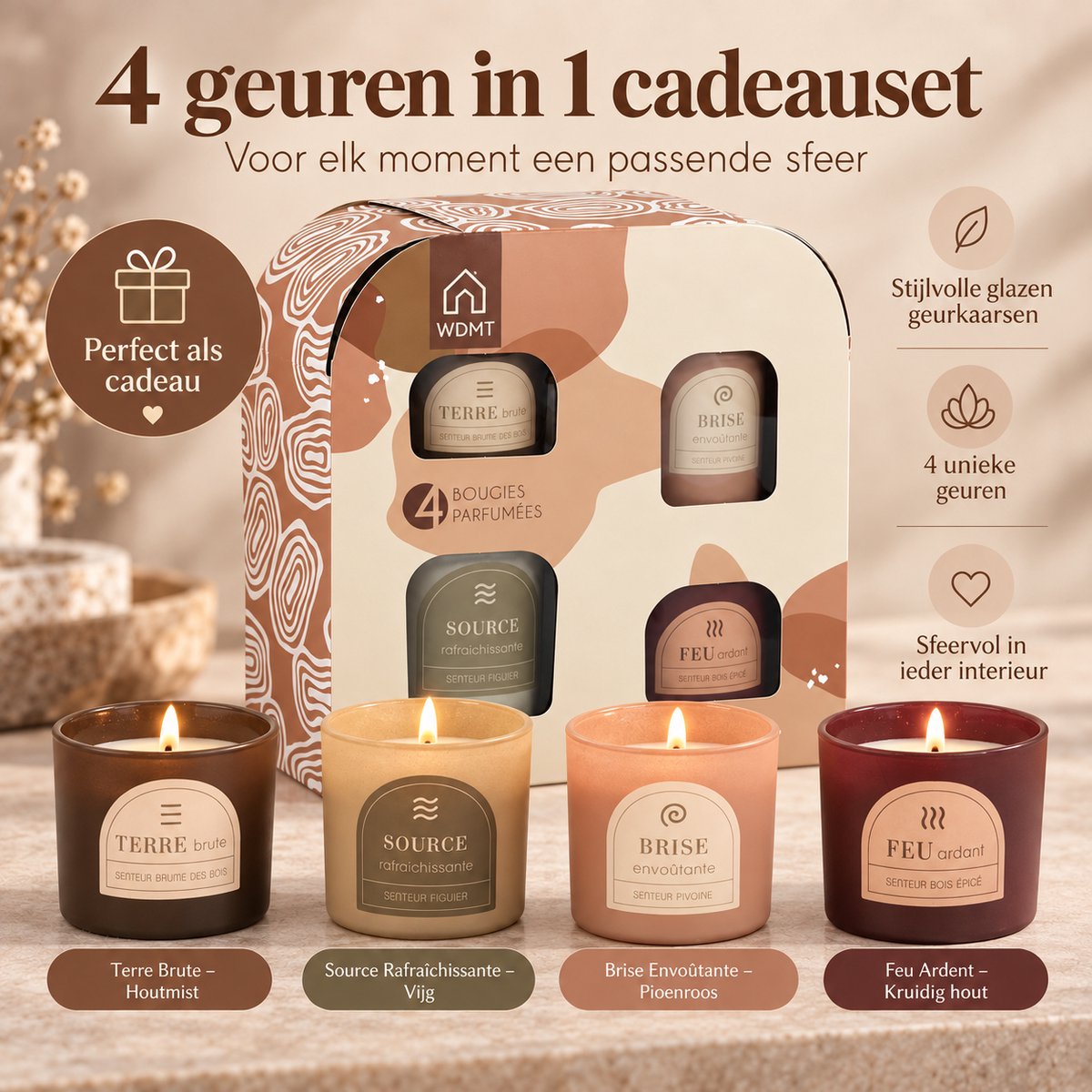 Geurkaarsen Cadeauset 4 Stuks – Geurkaarsen in Glas – 4 Verschillende Geuren – Luxe Kaarsen Geschenkset – Woondecoratie & Cadeau — cadeau in Wonen & Interieur - foto 3
