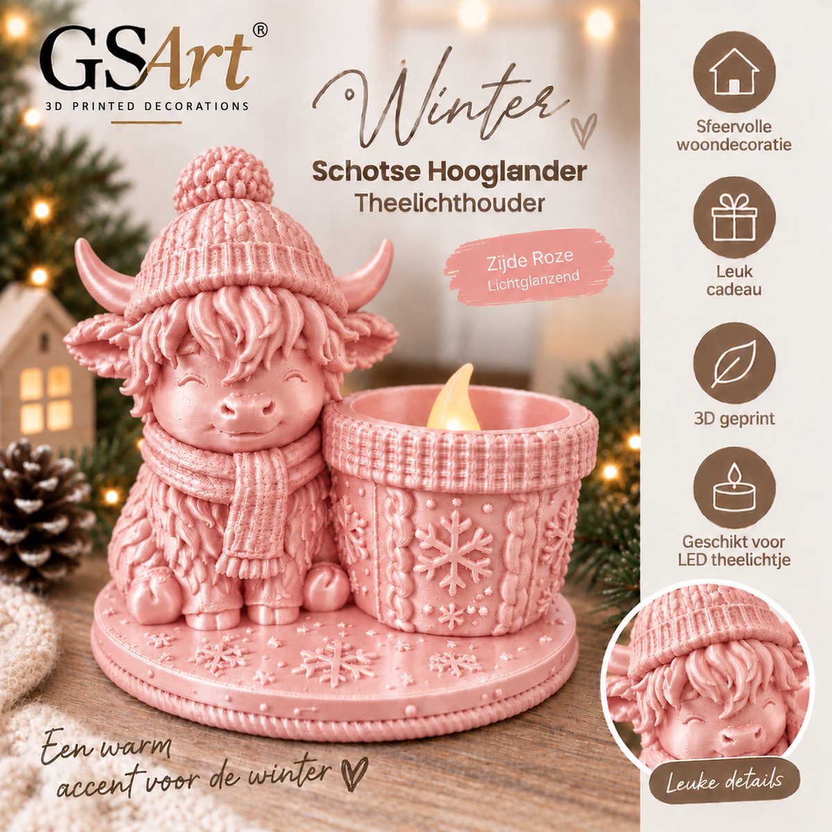 GSArt Theelichthouder Schotse Hooglander Winter – inclusief LED-kaarsje - Zijde Roze