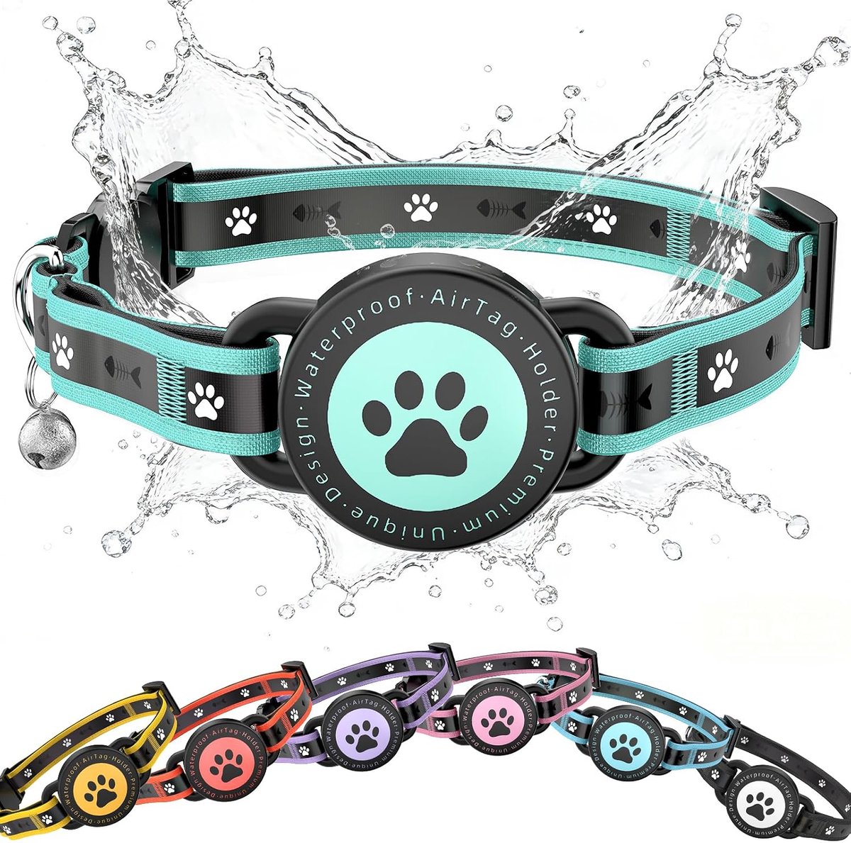 Kattenhalsband voor AirTag met Veiligheidssluiting, Reflecterend Halsband met AirTag-houder en Bel, Comfortabel Gevoerd, Verstelbaar en Waterdicht Voor Katjes (Groen, 9.3"-13")