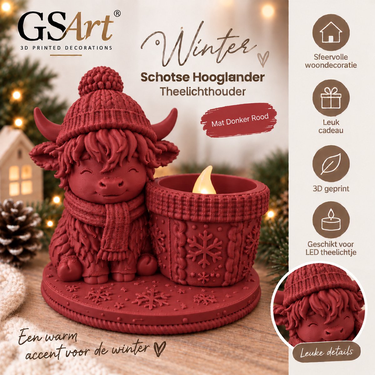 GSArt Theelichthouder Schotse Hooglander Winter – inclusief LED-kaarsje - Mat Donkerrood