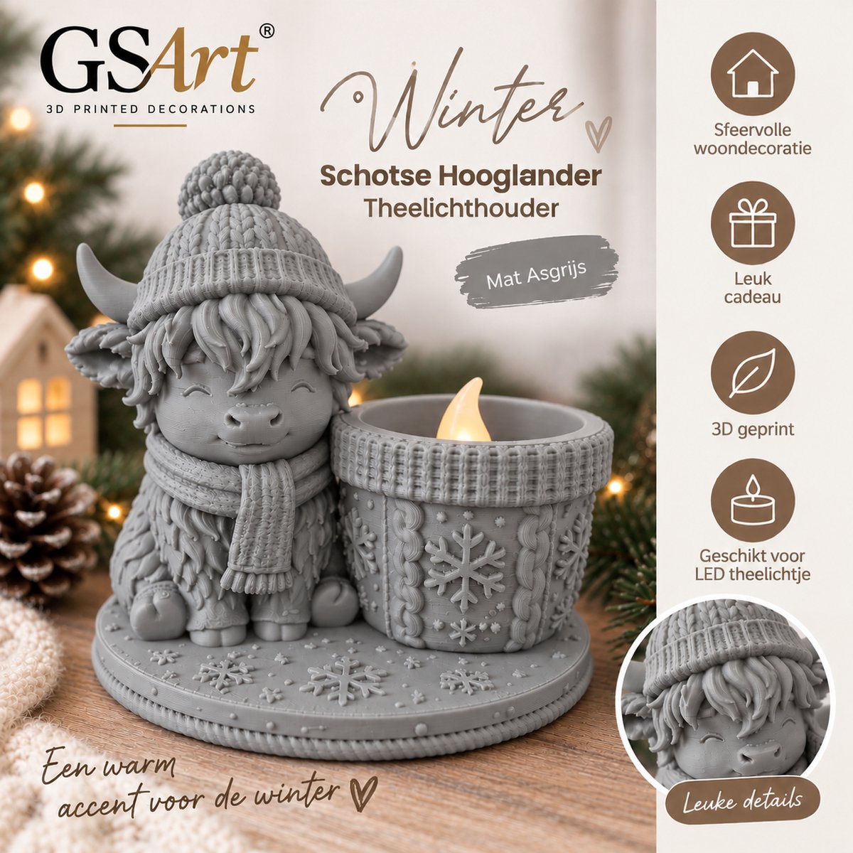 GSArt Theelichthouder Schotse Hooglander Winter – inclusief LED-kaarsje - Mat Asgrijs