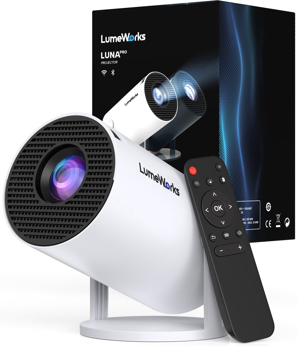LumeWorks Luna Mini Beamer 2026 - 4K Support - Smart Projector met Android 14 - WiFi 6 & Bluetooth - Home Cinema - Draagbaar - Streamen vanaf Telefoon - Wit