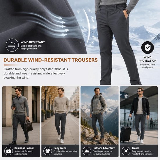Man in een donkergrijze, winddichte broek, geschikt voor zakelijk, dagelijks, outdoor en reizen. De broek is gemaakt van duurzaam polyester en blokkeert wind.