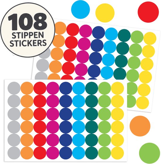 108 stickers, ronde stippen in diverse kleuren zoals rood, oranje, geel, groen, blauw, paars en grijs.