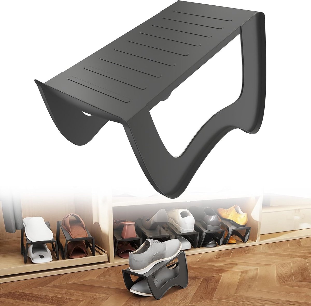 10 stuks schoenenrekken, antislip, schoenenhouders, ruimtebesparend, PP-kunststof, dubbellaagse schoenenstapelaar, set, schoenopslag, schoengleuf, organizer, grijs
