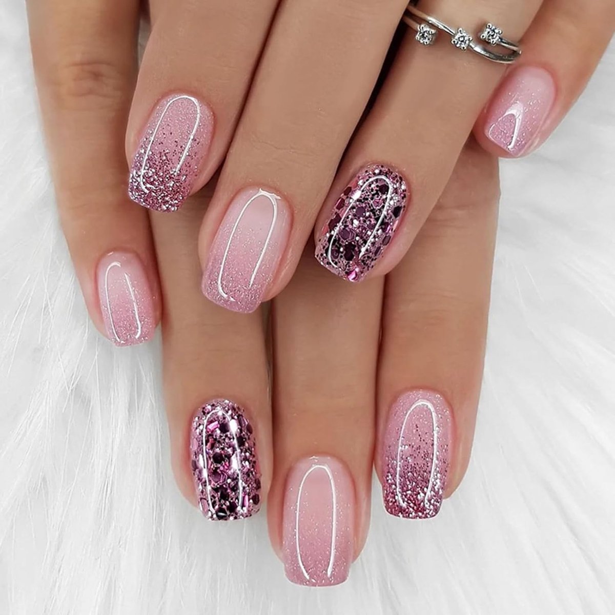24 stuks vierkante press-on nagels, kort, nude, roze, glitter, kleurverloop, kunstnagels, elegante acrylnagels om op te plakken, ballerina full cover nepnagels voor vrouwen, manicuredecoraties