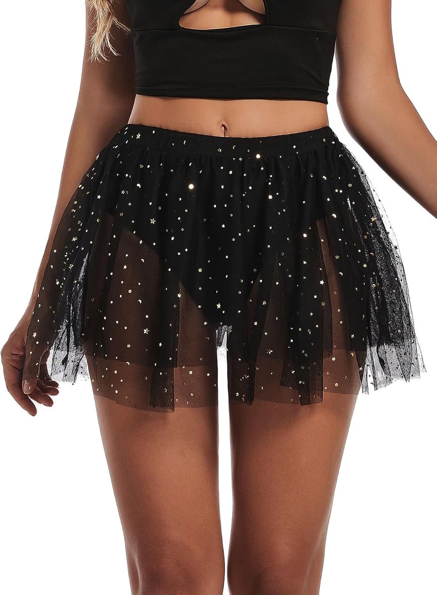 Glitter sterren pailletten tule rok - sexy rave festival outfit transparant mesh mini rok met tanga shorts jaren 80 party Halloween carnaval clubwear streetwear Hawaii tule tutu rok