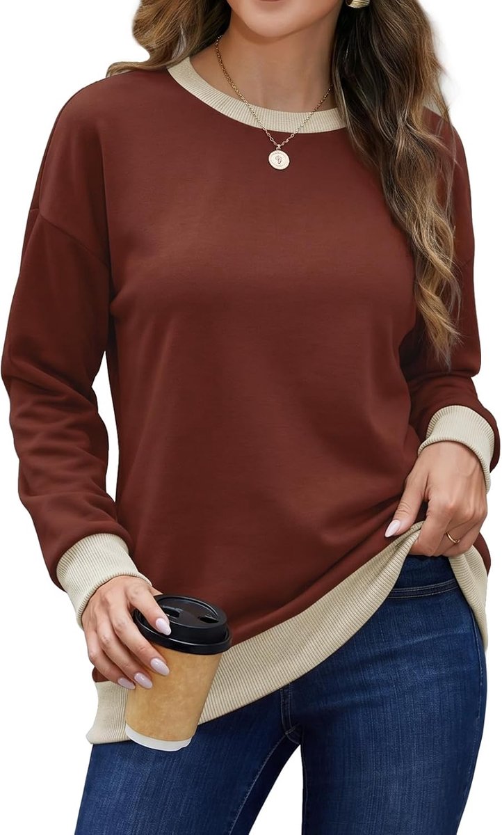 Trui dames ronde hals sweatshirt contrast losse lange mouwen bovenstuk